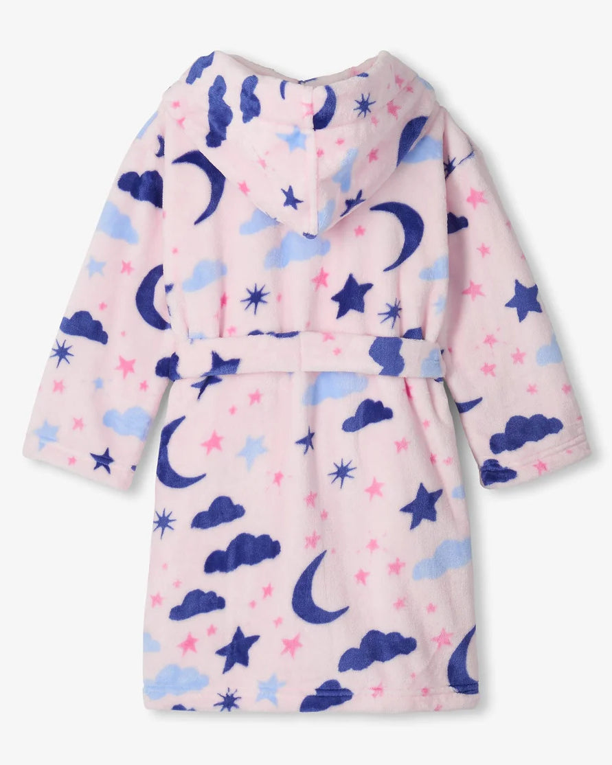 Hatley Kids Fleece Robe Night Sky pink hood detail — Cloud Nine Pajamas