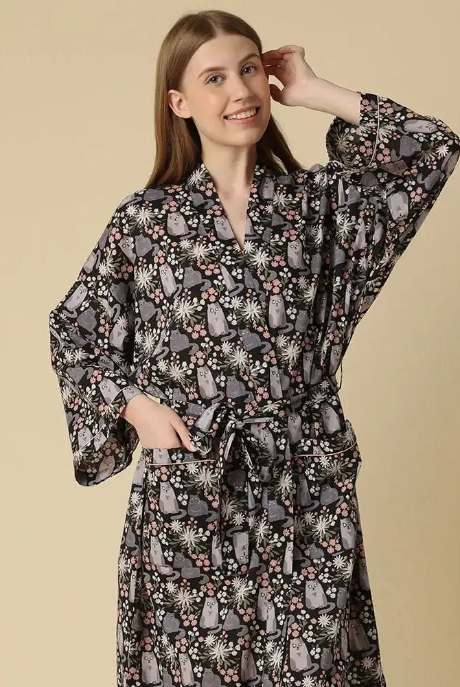 Kitty Cat 100% Cotton Long Kimono Style Robe