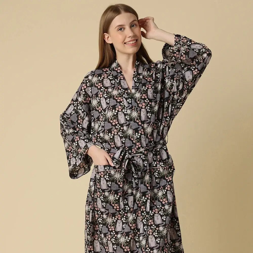 Kitty Cat 100% Cotton Long Kimono Style Robe
