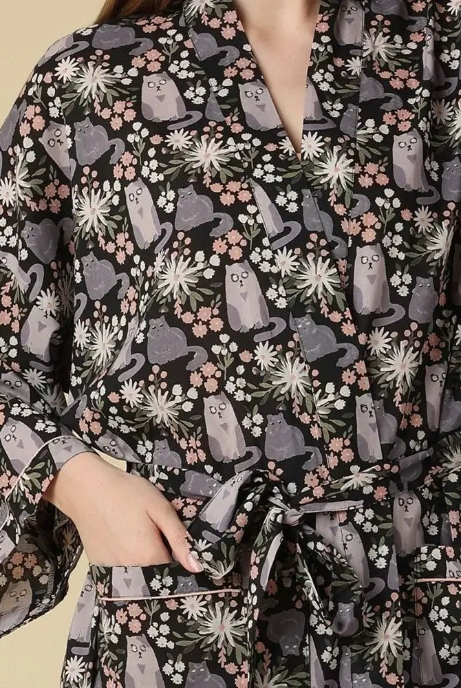 Kitty Cat Cotton Long Robe Mahogany featuring grey cats and blooming flowers, perfect for cozy lounging.
