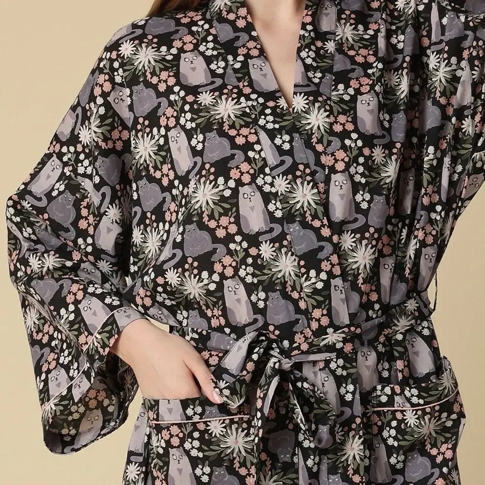 Kitty Cat Cotton Long Robe Mahogany featuring grey cats and blooming flowers, perfect for cozy lounging.
