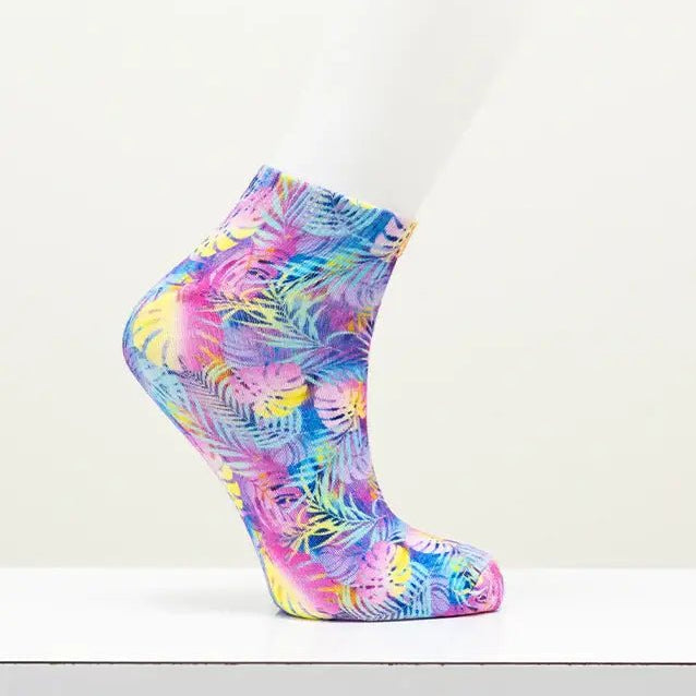 Ladies Bamboo Ankle Socks featuring a vibrant tropical print in colorful shades of pink, blue, and yellow.