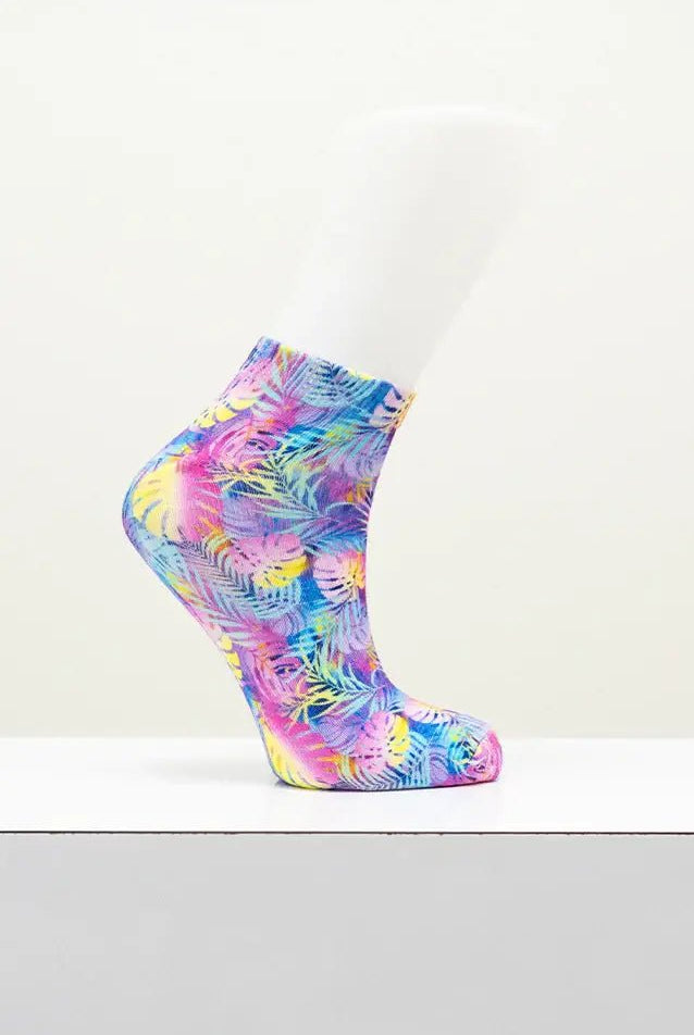 Ladies Bamboo Ankle Socks featuring a vibrant tropical print in colorful shades of pink, blue, and yellow.