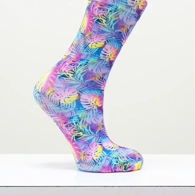 Ladies Bamboo Crew Dress Socks in vibrant tropical print, offering comfort and style for any occasion.