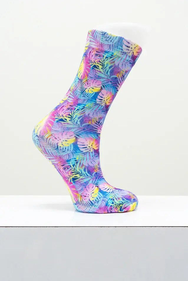 Ladies Bamboo Crew Dress Socks in vibrant tropical print, offering comfort and style for any occasion.
