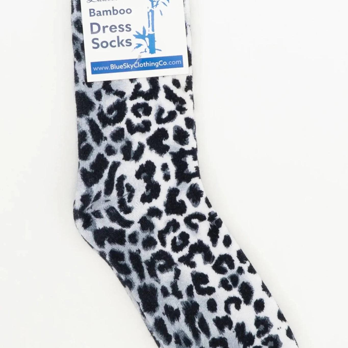 Ladies Bamboo Crew Dress Socks in a stylish leopard print design by Blue Sky Clothing Co.