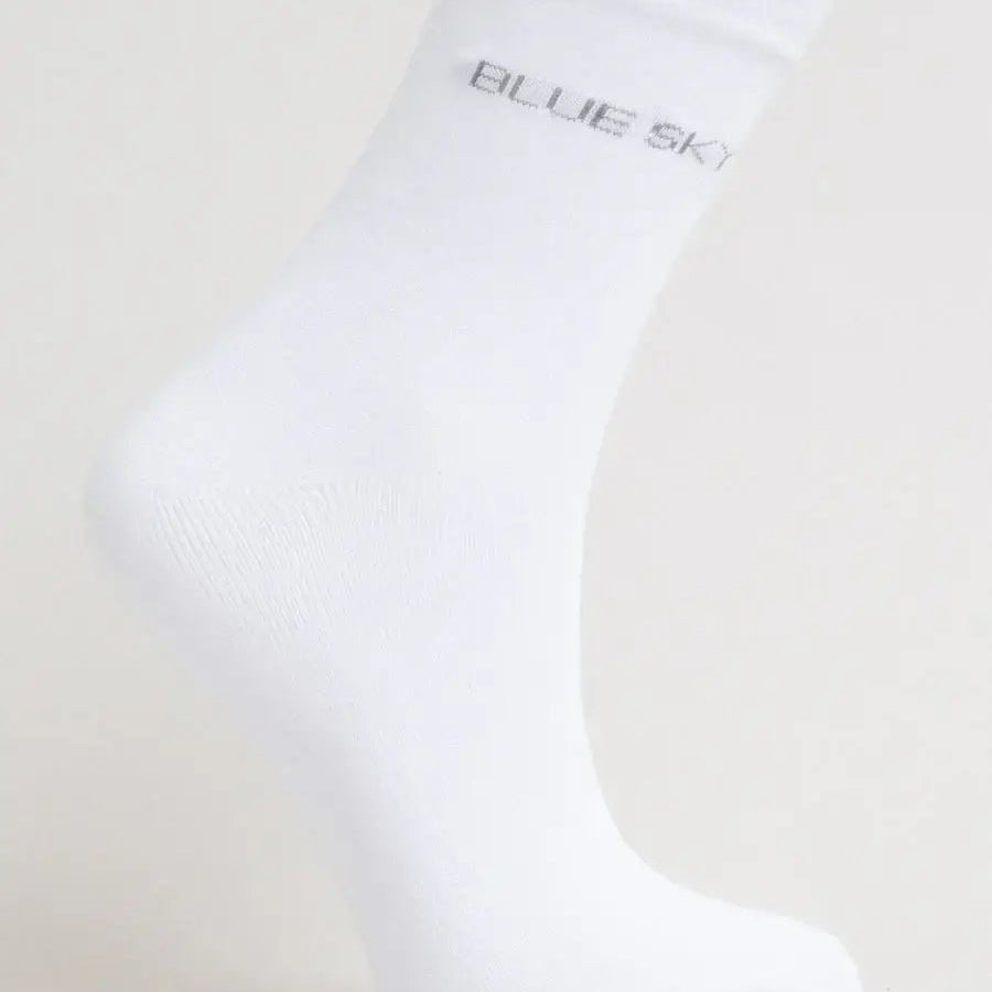 Ladies Bamboo Crew Dress Socks featuring a white design with Blue Sky branding for comfort and style.