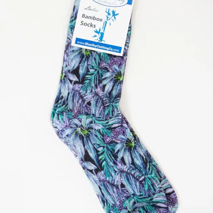 Ladies Bamboo Crew Dress Socks with a colorful tropical leaf pattern from Blue Sky Clothing Co.