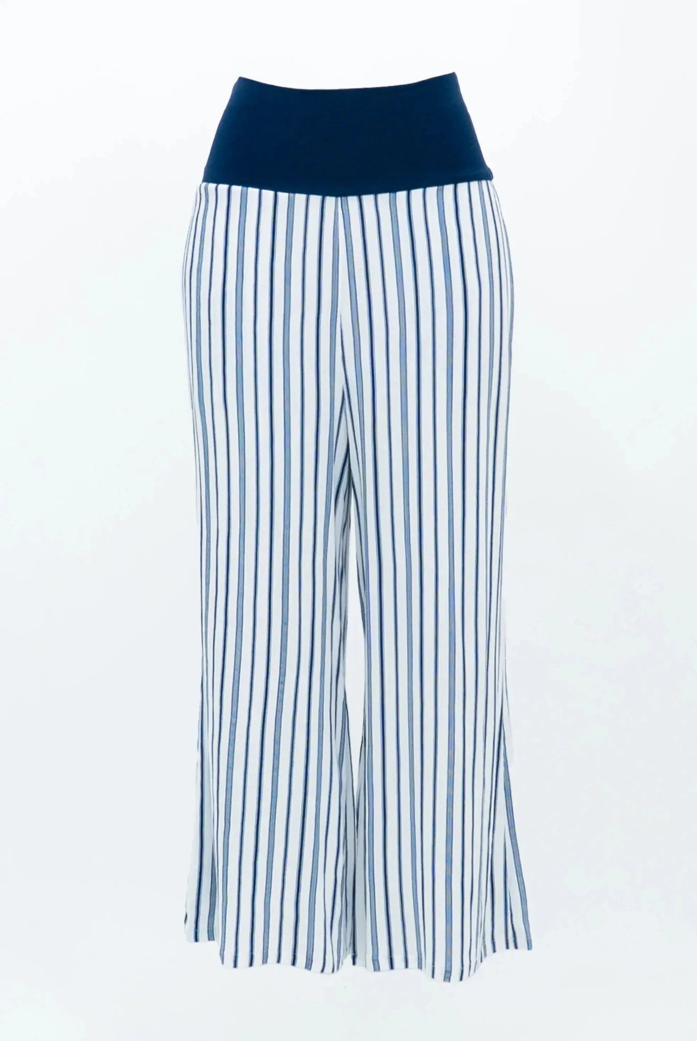 Landon Capri – Striped Linen-Bamboo Wide-Leg Cropped Pant in Sandstripe, perfect for effortless coastal style.
