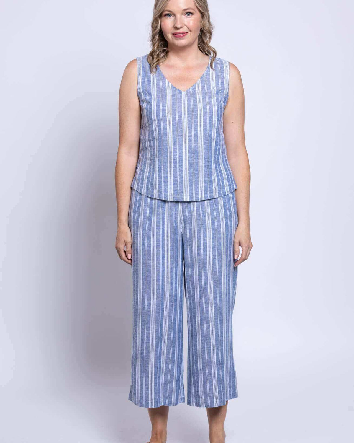 Landon Capri – Striped Linen-Bamboo Wide-Leg Cropped Pant in Sandstripe, perfect for effortless coastal style.