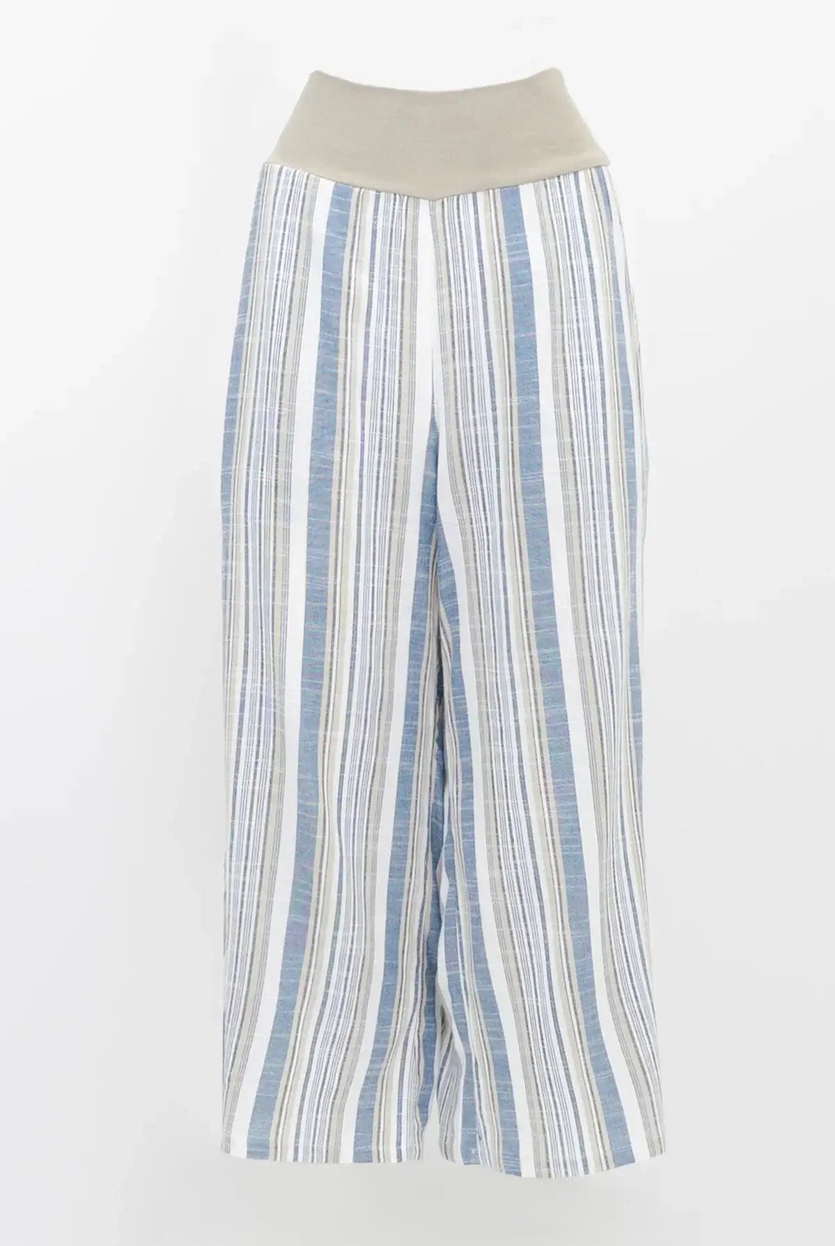 Landon Capri – Striped Linen-Bamboo Wide-Leg Cropped Pant in Sandstripe, perfect for effortless coastal style.