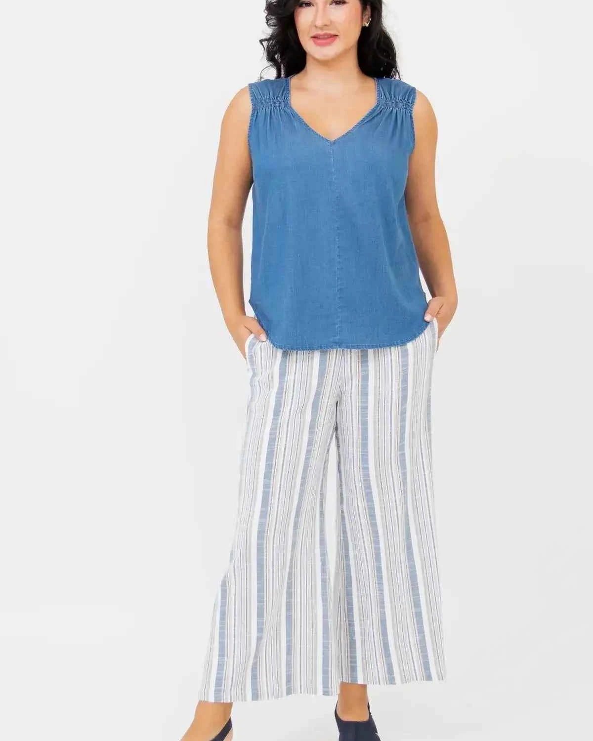 Landon Capri – Striped Linen-Bamboo Wide-Leg Cropped Pant