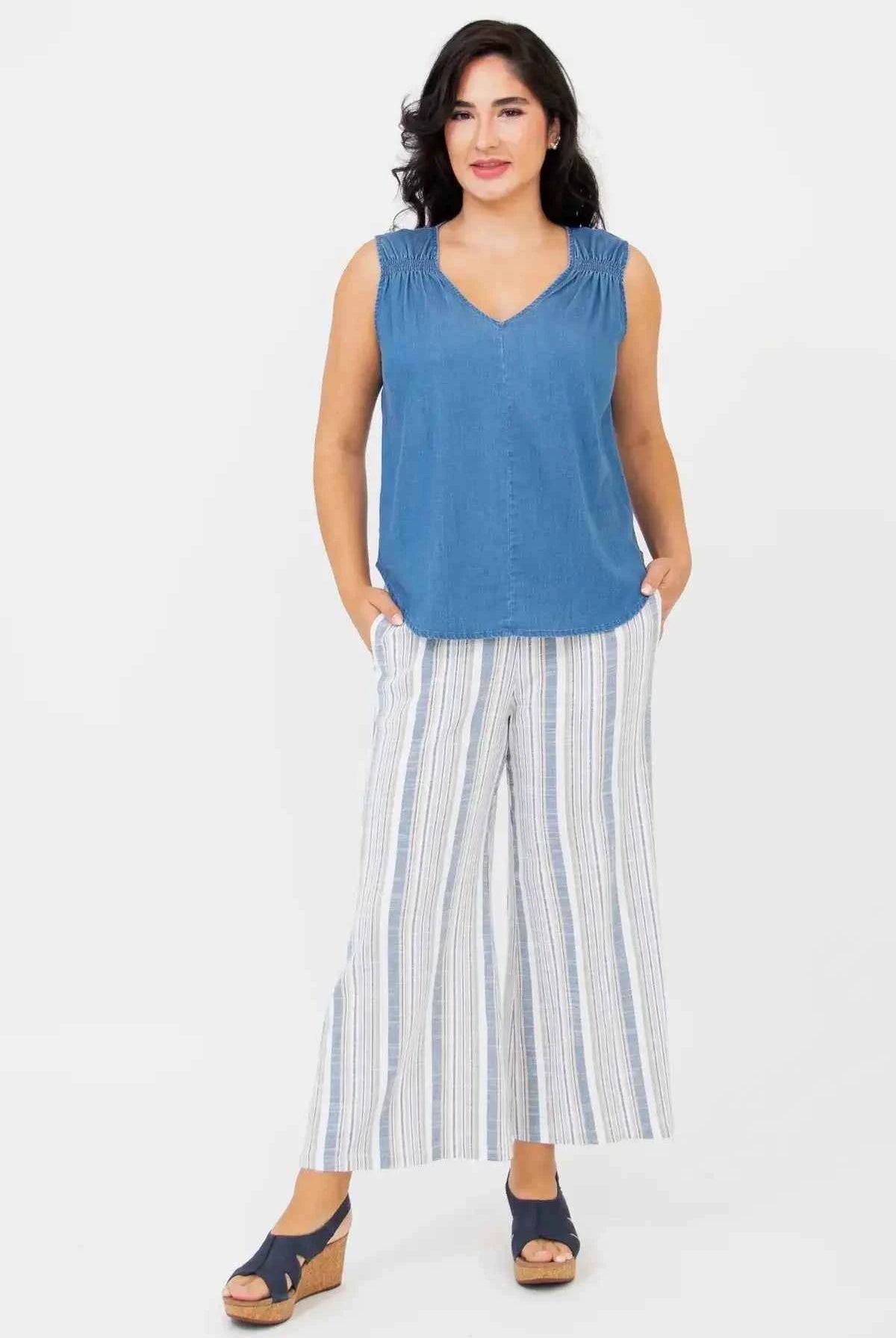 Landon Capri – Striped Linen-Bamboo Wide-Leg Cropped Pant