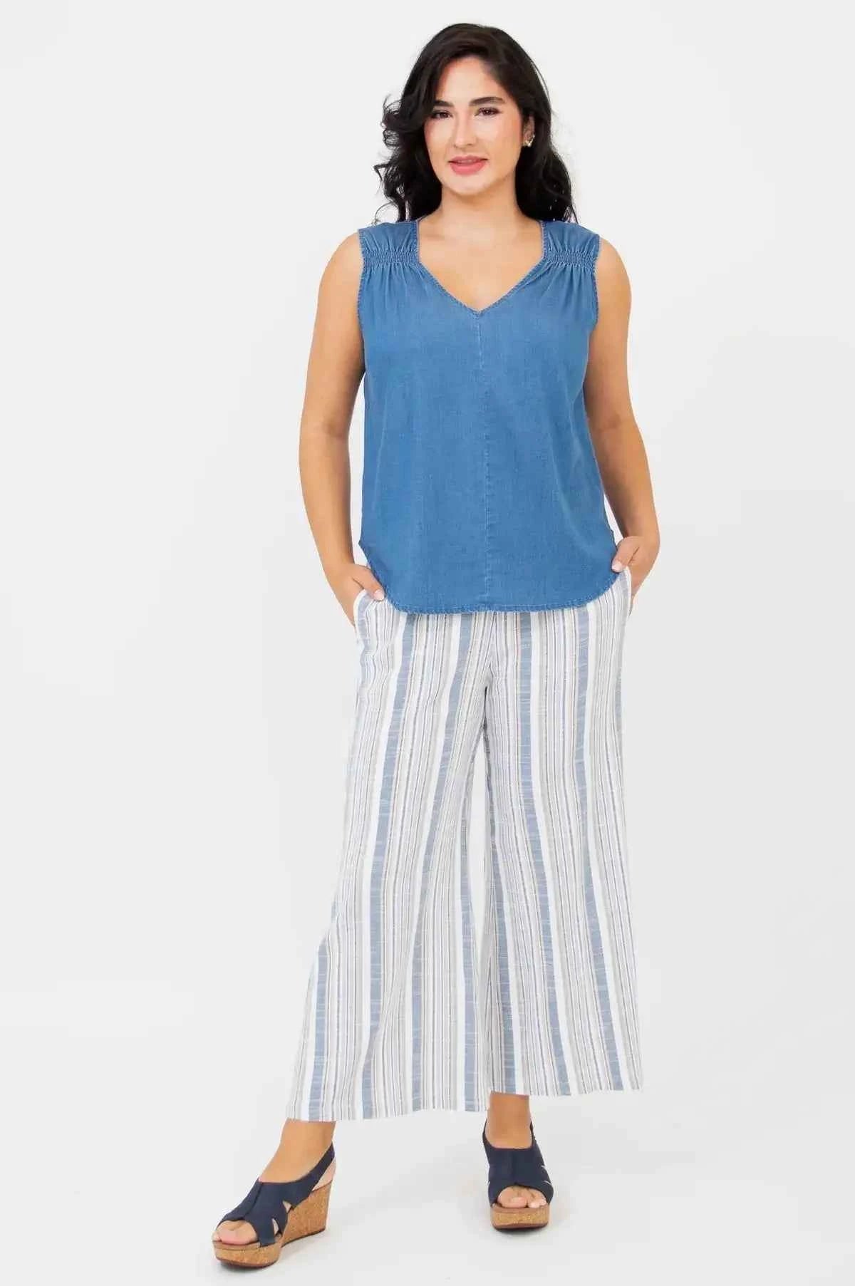 Landon Capri – Striped Linen-Bamboo Wide-Leg Cropped Pant