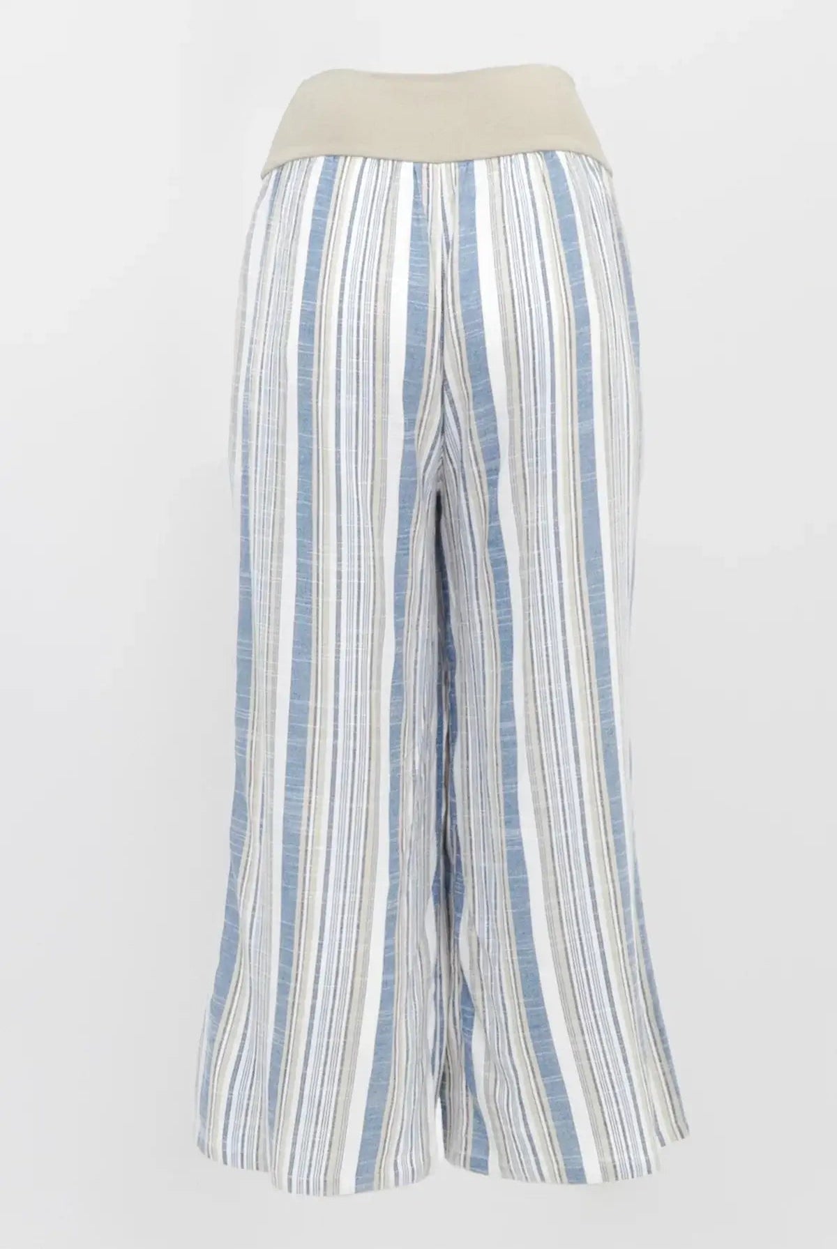 Landon Capri – Striped Linen-Bamboo Wide-Leg Cropped Pant in Sandstripe, perfect for effortless coastal style.