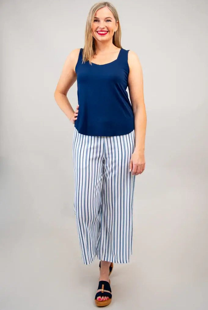 Landon Capri – Striped Linen-Bamboo Wide-Leg Cropped Pant worn with a blue tank top, showcasing effortless coastal style.