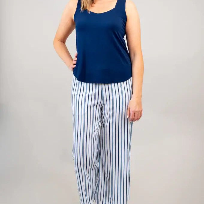 Landon Capri – Striped Linen-Bamboo Wide-Leg Cropped Pant worn with a blue tank top, showcasing effortless coastal style.
