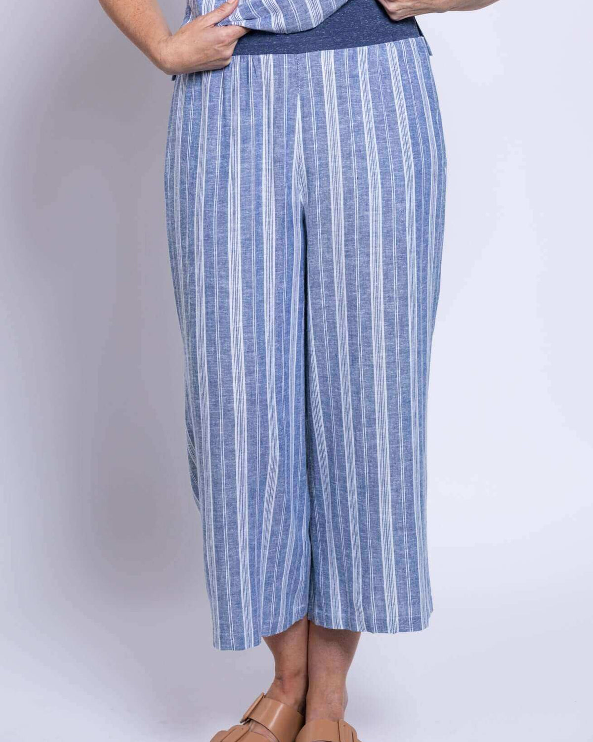 Landon Capri – Striped Linen-Bamboo Wide-Leg Cropped Pant in Sandstripe, perfect for effortless coastal style.