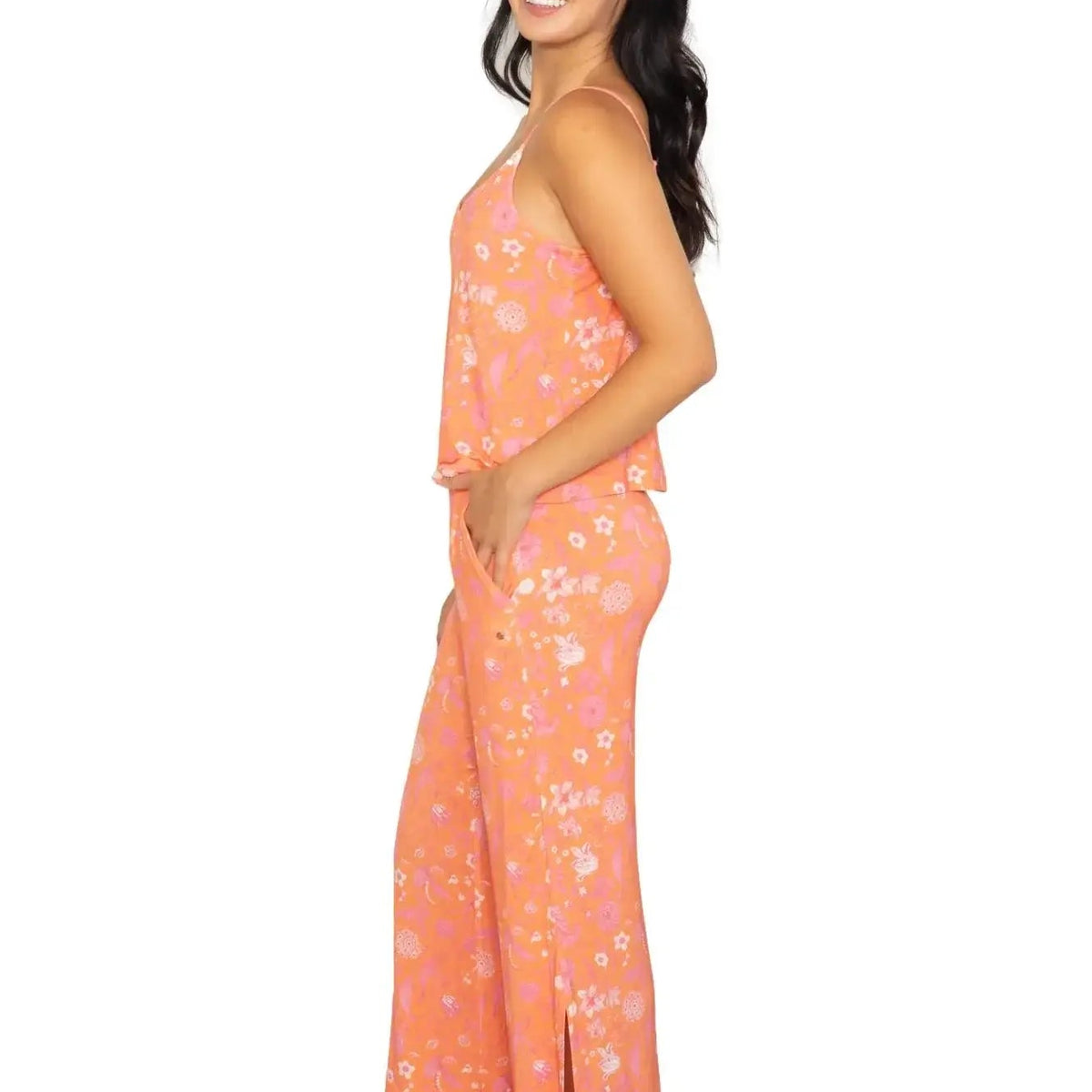 Cami & High Waist Capri PJ Set in floral design, model wearing relaxed fit pajama set for lounging.