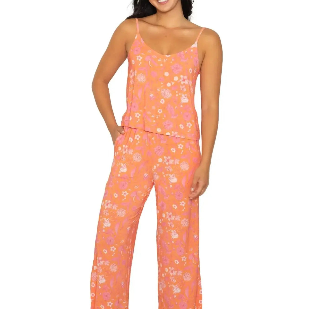 Cami & High Waist Capri PJ Set featuring a floral design in vibrant orange, perfect for cozy nights and relaxed mornings.