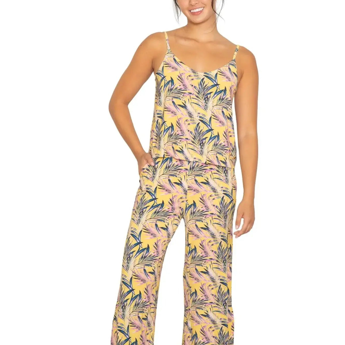Model wearing Cami & High Waist Capri PJ Set in a floral print, showcasing stylish sleepwear for comfort and elegance.