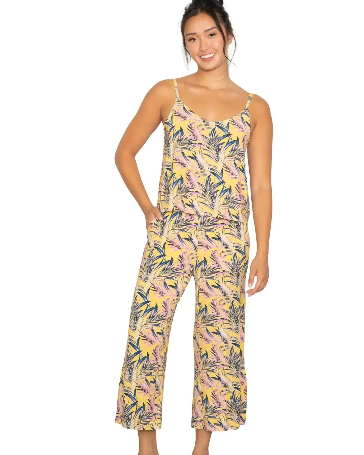 Model wearing Cami & High Waist Capri PJ Set in a floral print, showcasing stylish sleepwear for comfort and elegance.