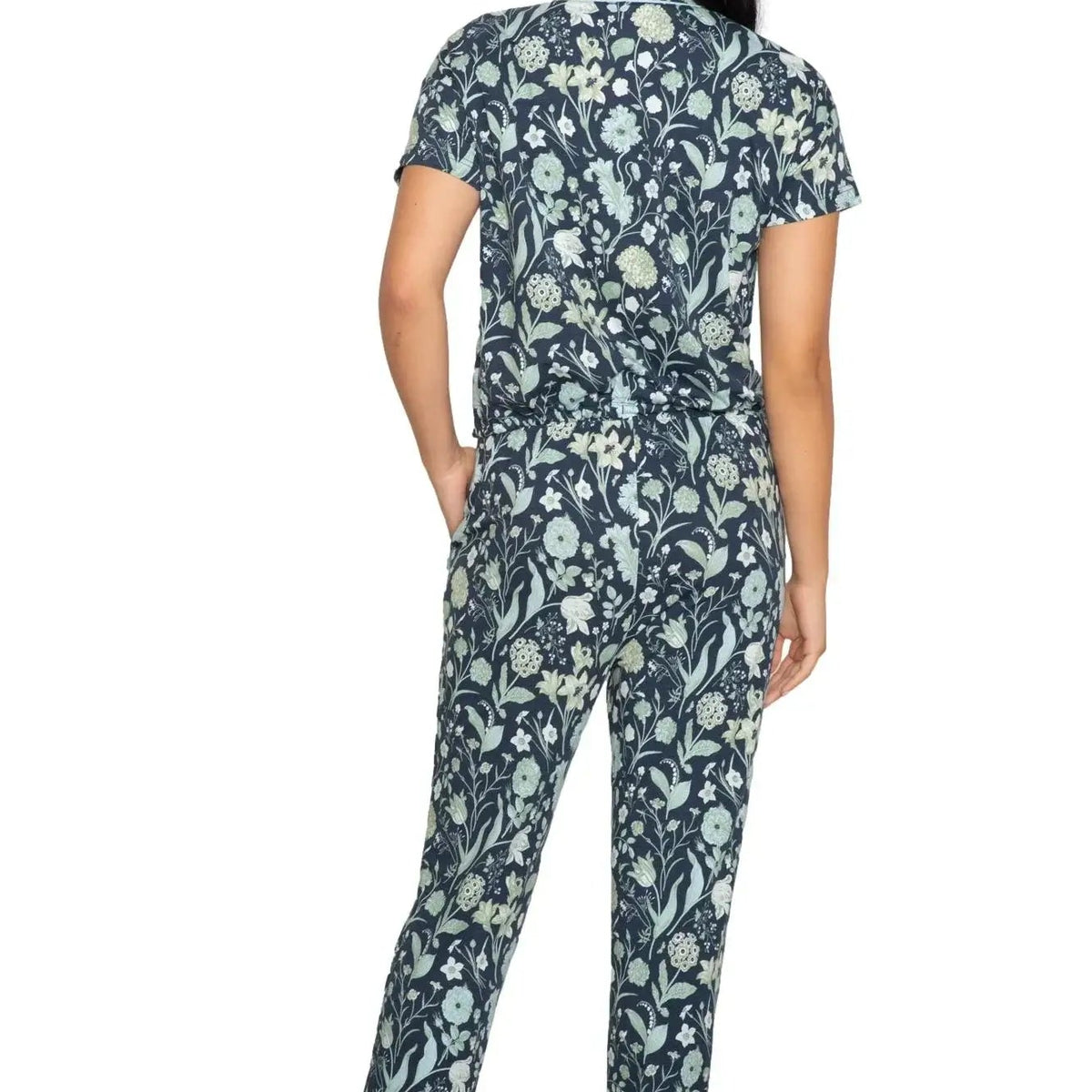 Latte Love Floral Print Cotton-Modal Relaxed Set Drop Shoulder Tee & Jogger Set displayed from the back.