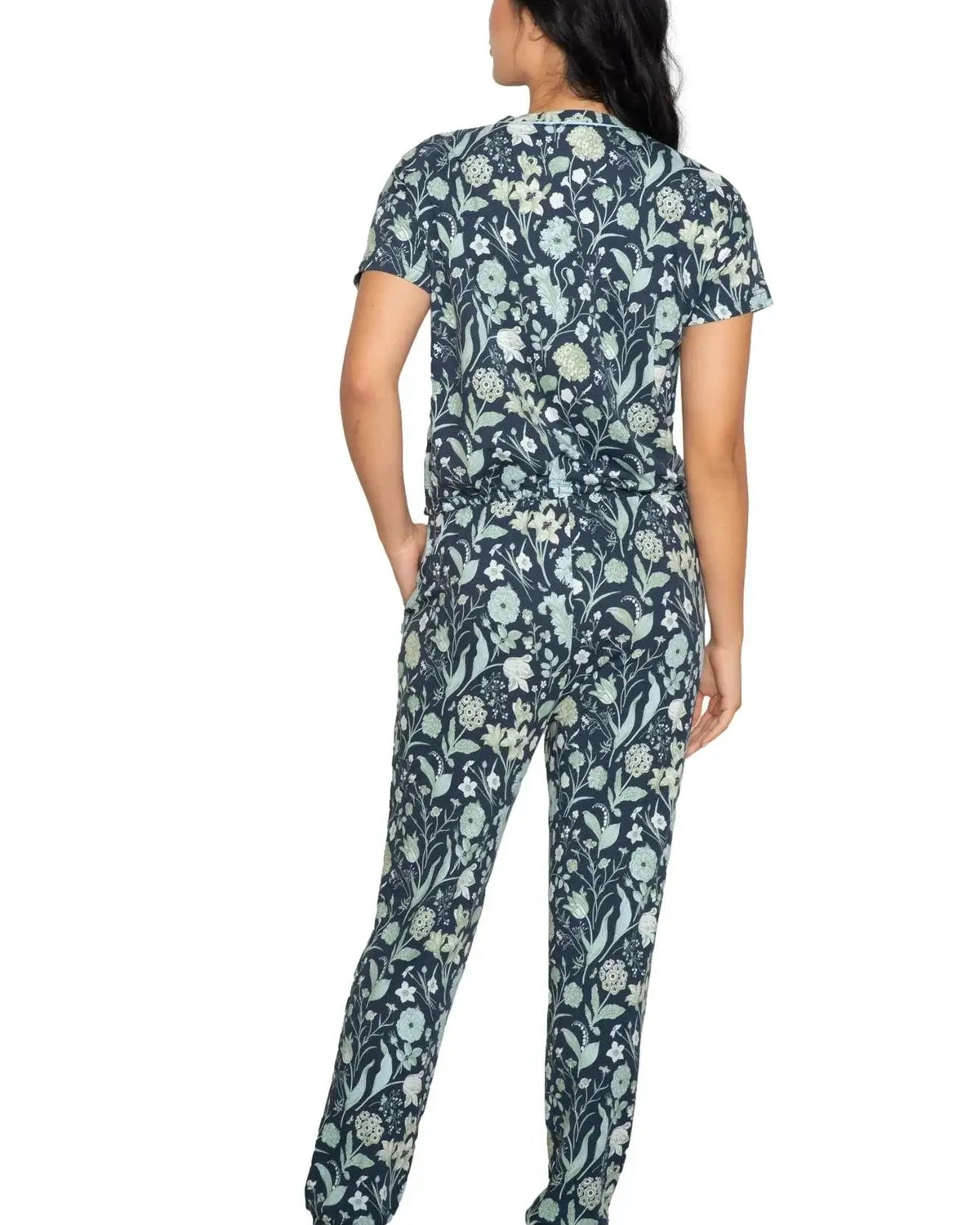 Latte Love Floral Print Cotton-Modal Relaxed Set Drop Shoulder Tee & Jogger Set displayed from the back.