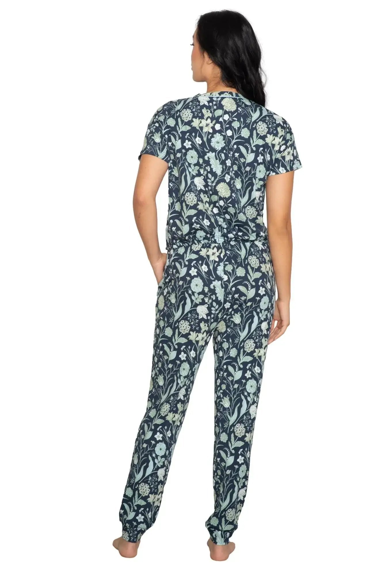 Latte Love Floral Print Cotton-Modal Relaxed Set Drop Shoulder Tee & Jogger Set displayed from the back.