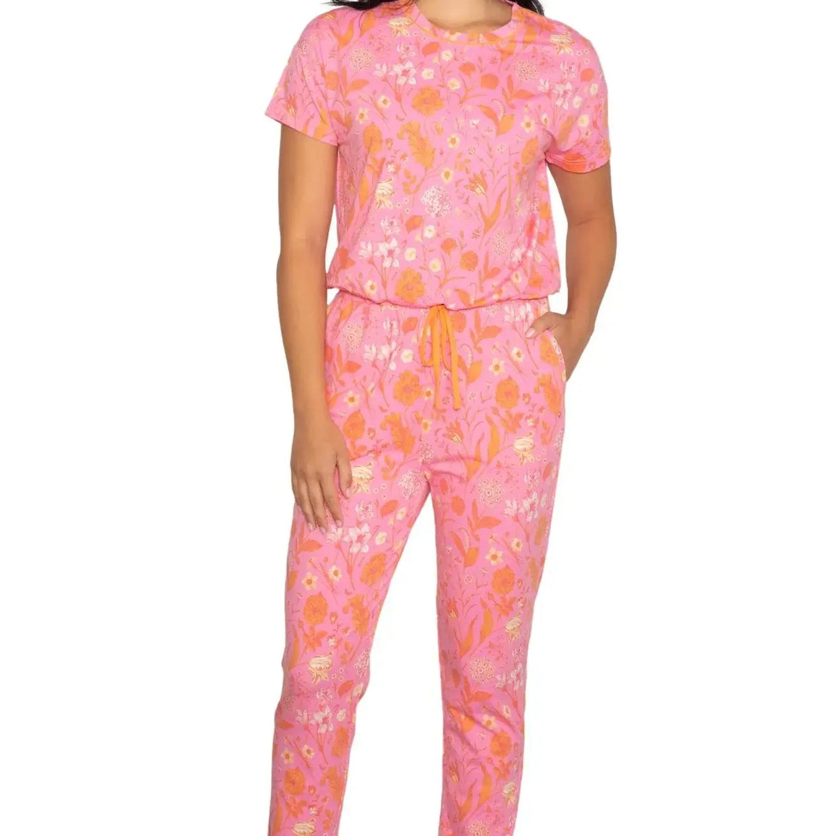 Latte Love Floral Print Cotton-Modal Relaxed Set on model featuring vibrant floral design in pink tones.