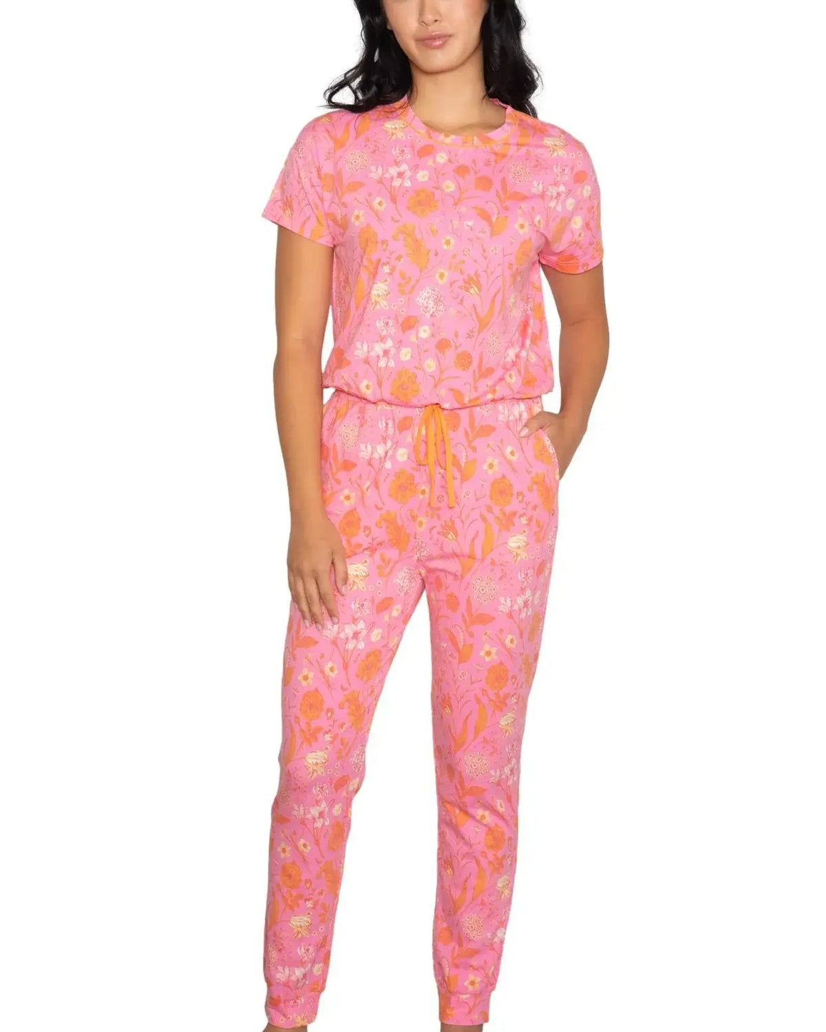 Latte Love Floral Print Cotton-Modal Relaxed Set on model featuring vibrant floral design in pink tones.