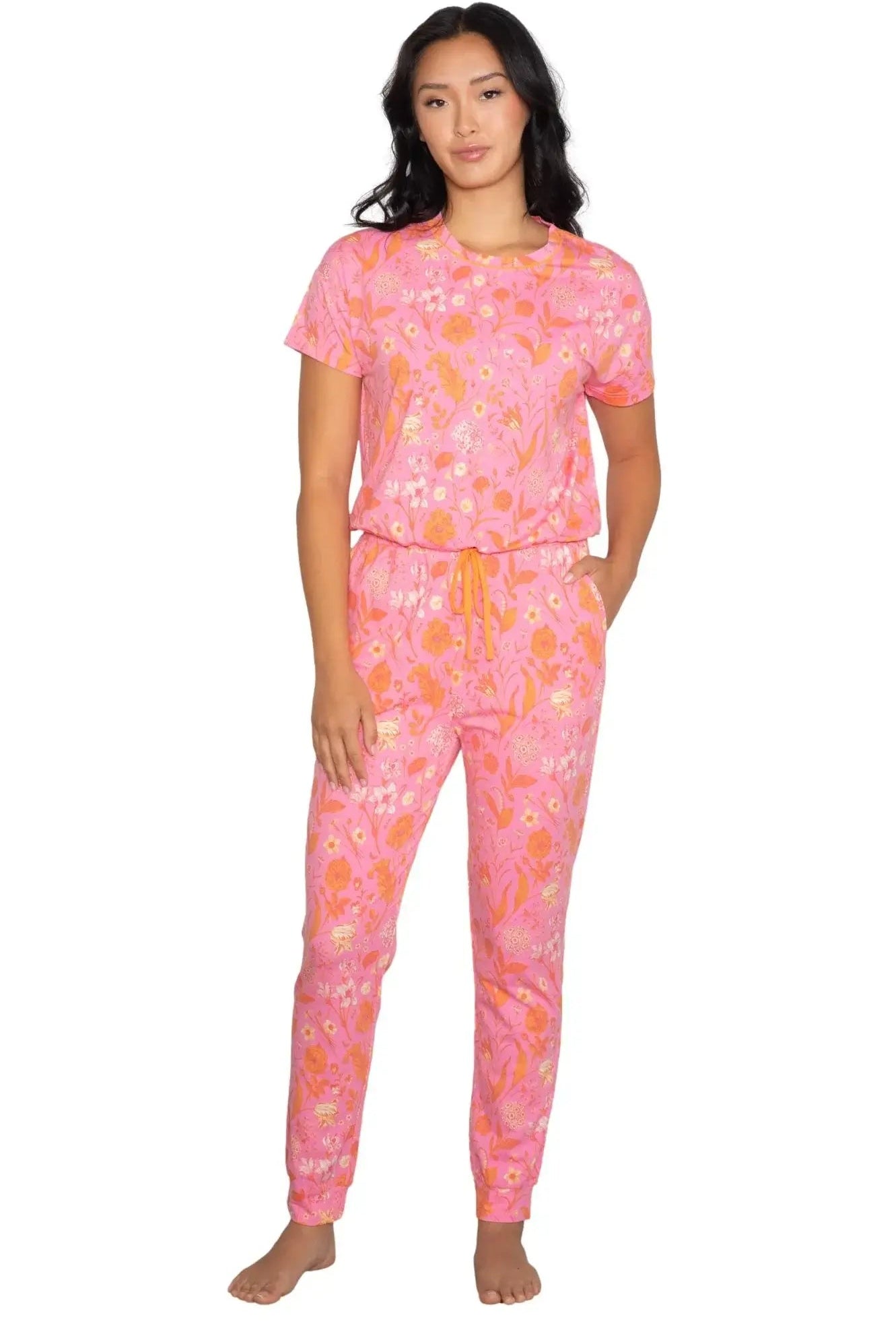 Latte Love Floral Print Cotton-Modal Relaxed Set on model featuring vibrant floral design in pink tones.