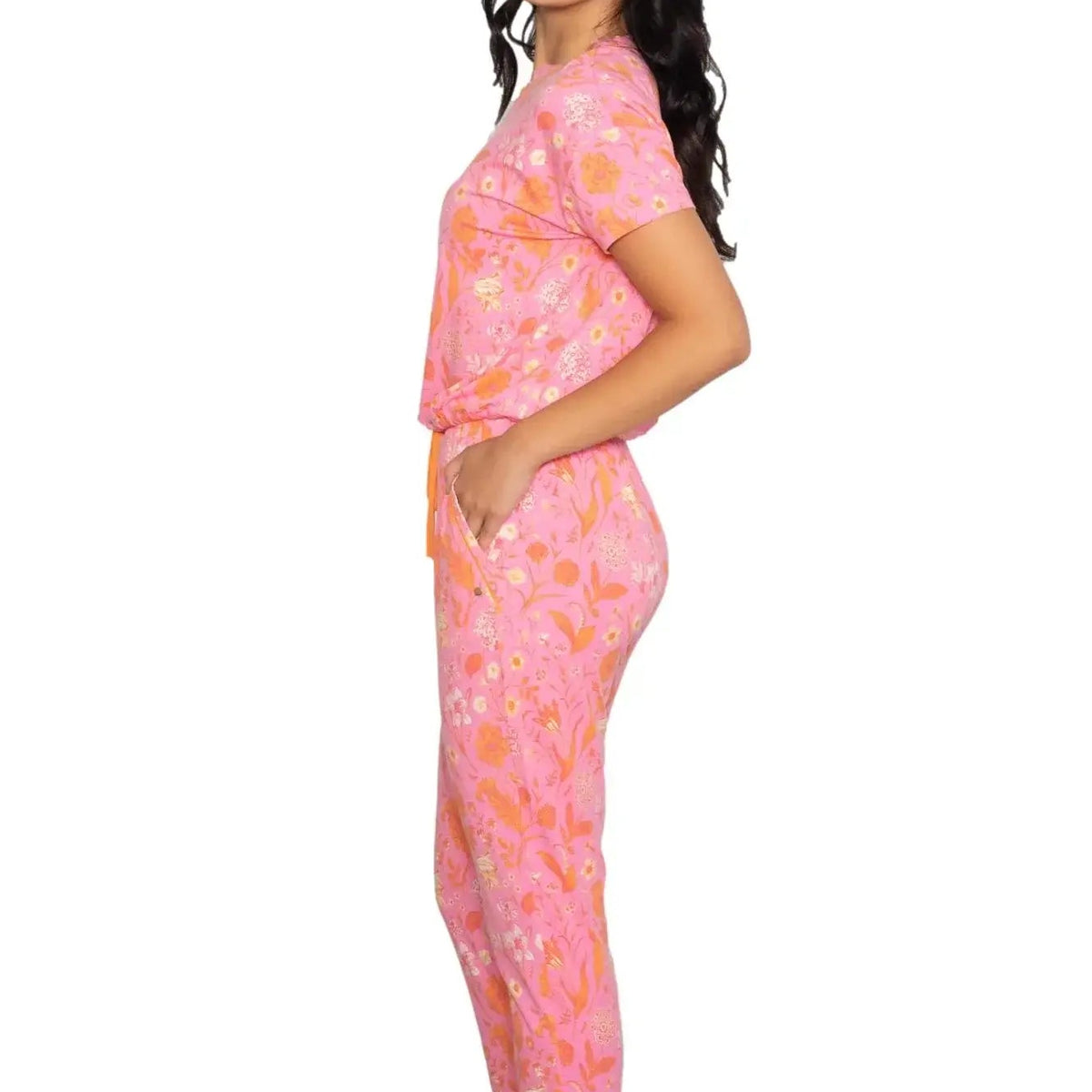 Latte Love Floral Print Cotton-Modal Relaxed Set on model featuring vibrant floral design in pink tones.