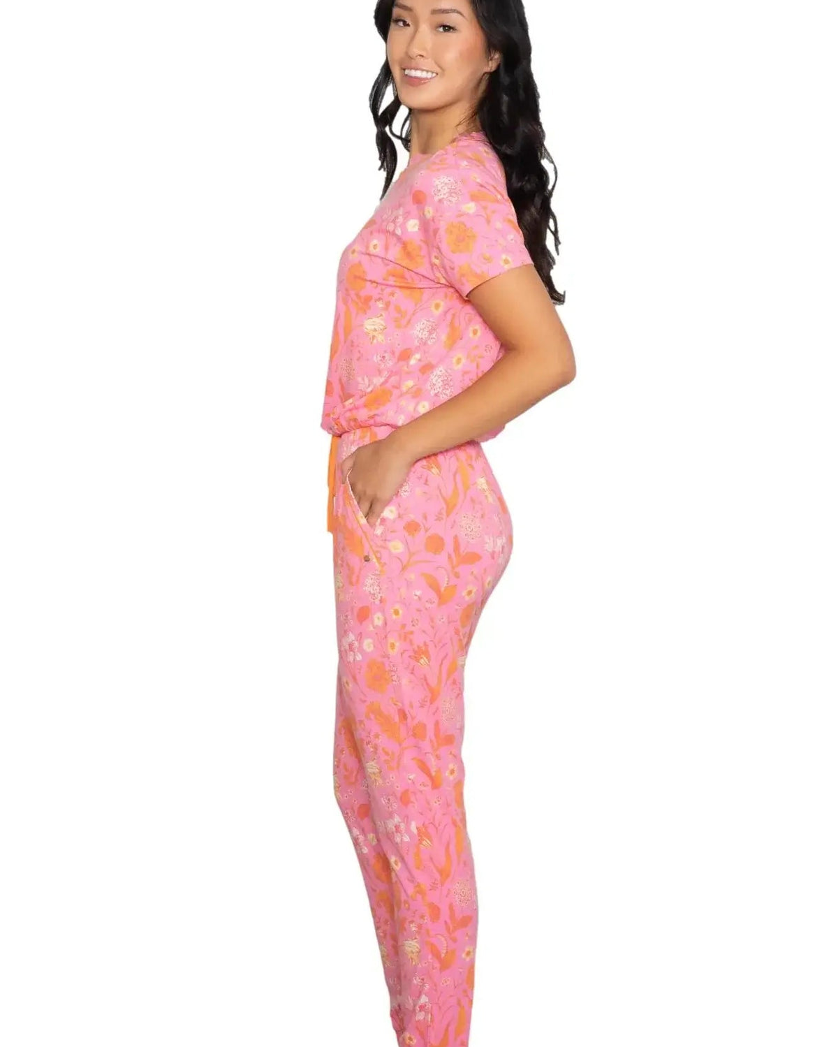 Latte Love Floral Print Cotton-Modal Relaxed Set on model featuring vibrant floral design in pink tones.