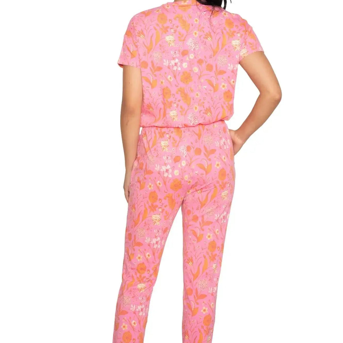 Latte Love Floral Print Cotton-Modal Relaxed Set on model featuring vibrant floral design in pink tones.