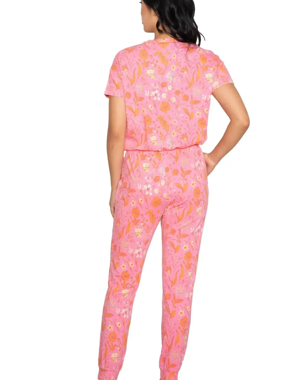 Latte Love Floral Print Cotton-Modal Relaxed Set on model featuring vibrant floral design in pink tones.