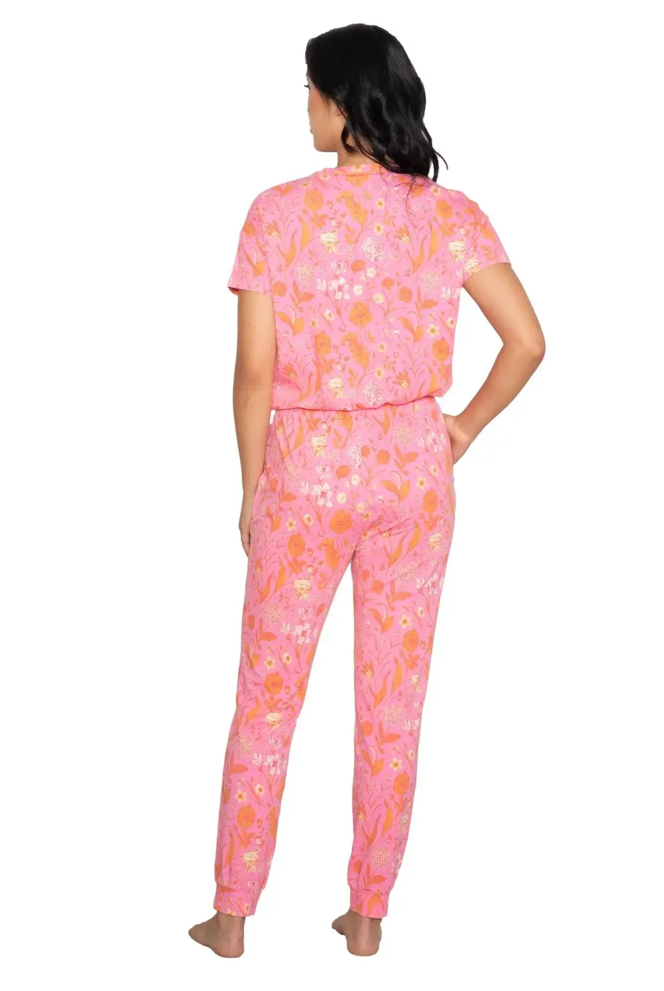 Latte Love Floral Print Cotton-Modal Relaxed Set on model featuring vibrant floral design in pink tones.