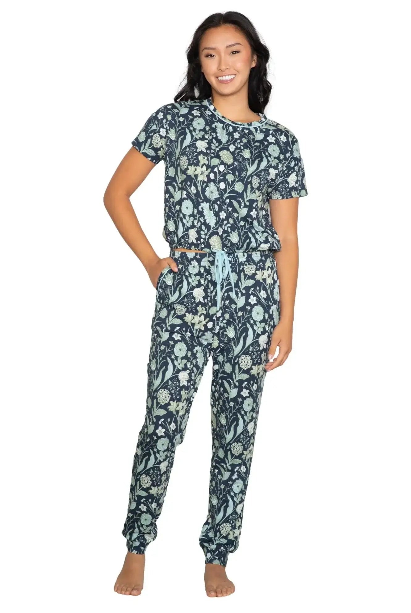 Latte Love Floral Print Cotton-Modal Relaxed Set Drop Shoulder Tee & Jogger Set worn by a model, showcasing floral design.