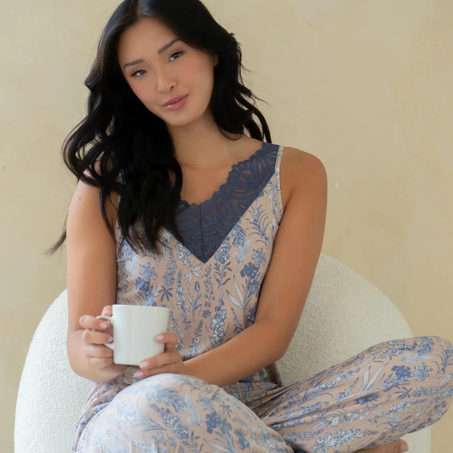 Latte Love - Lace Tank & Pant Set | Multiple Prints worn by a model holding a cup, showcasing its comfort and style.