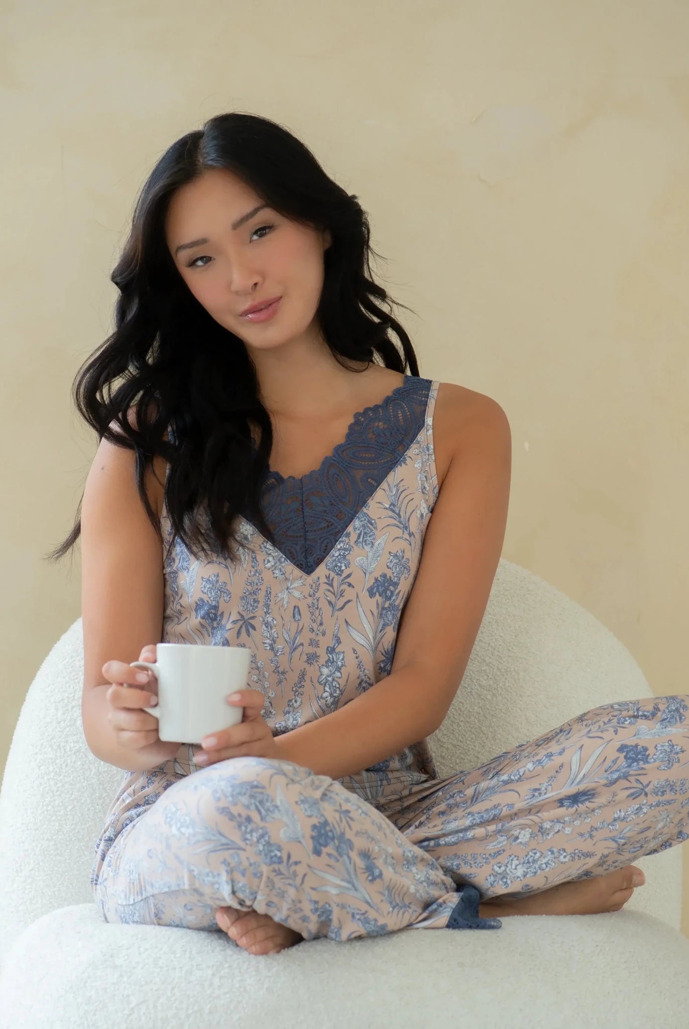 Latte Love - Lace Tank & Pant Set | Multiple Prints worn by a model holding a cup, showcasing its comfort and style.