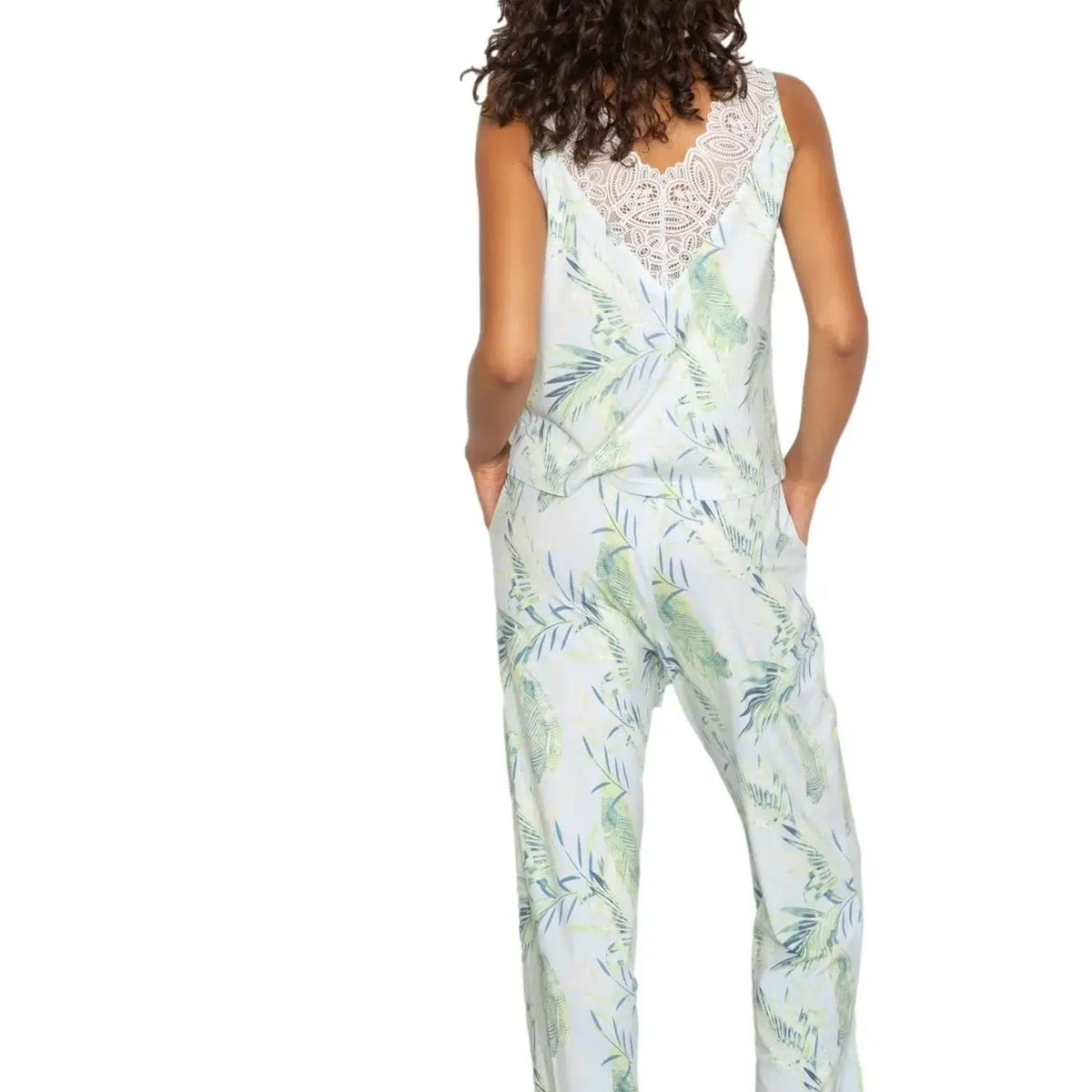 Latte Love - Lace Tank & Pant Set | Multiple Prints model from back wearing a floral print lounge set.