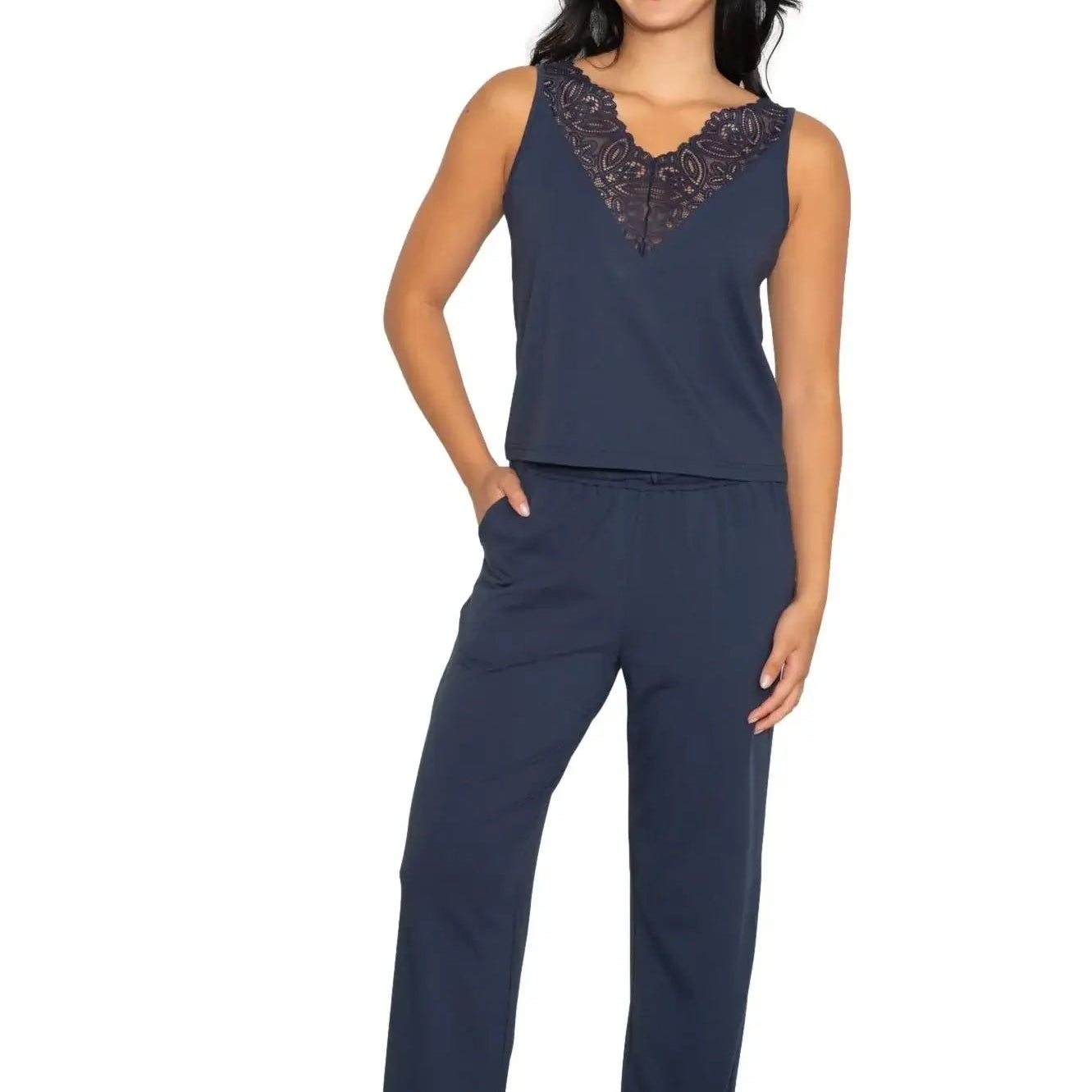 Latte Love - Lace Tank & Pant Set | Multiple Prints, featuring a model in a chic navy lace tank and pajama pants.