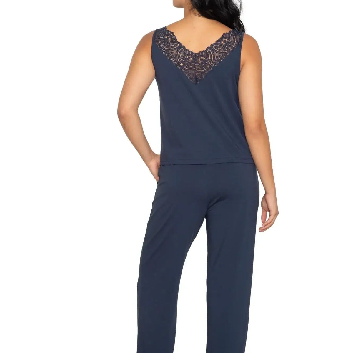 Latte Love - Lace Tank & Pant Set | Multiple Prints worn by model showcasing back view and lace details.