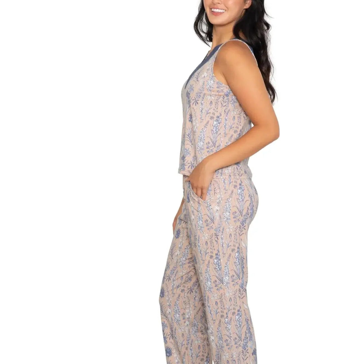 Latte Love - Lace Tank & Pant Set | Multiple Prints showcasing a woman in a stylish sleepwear set with floral patterns.