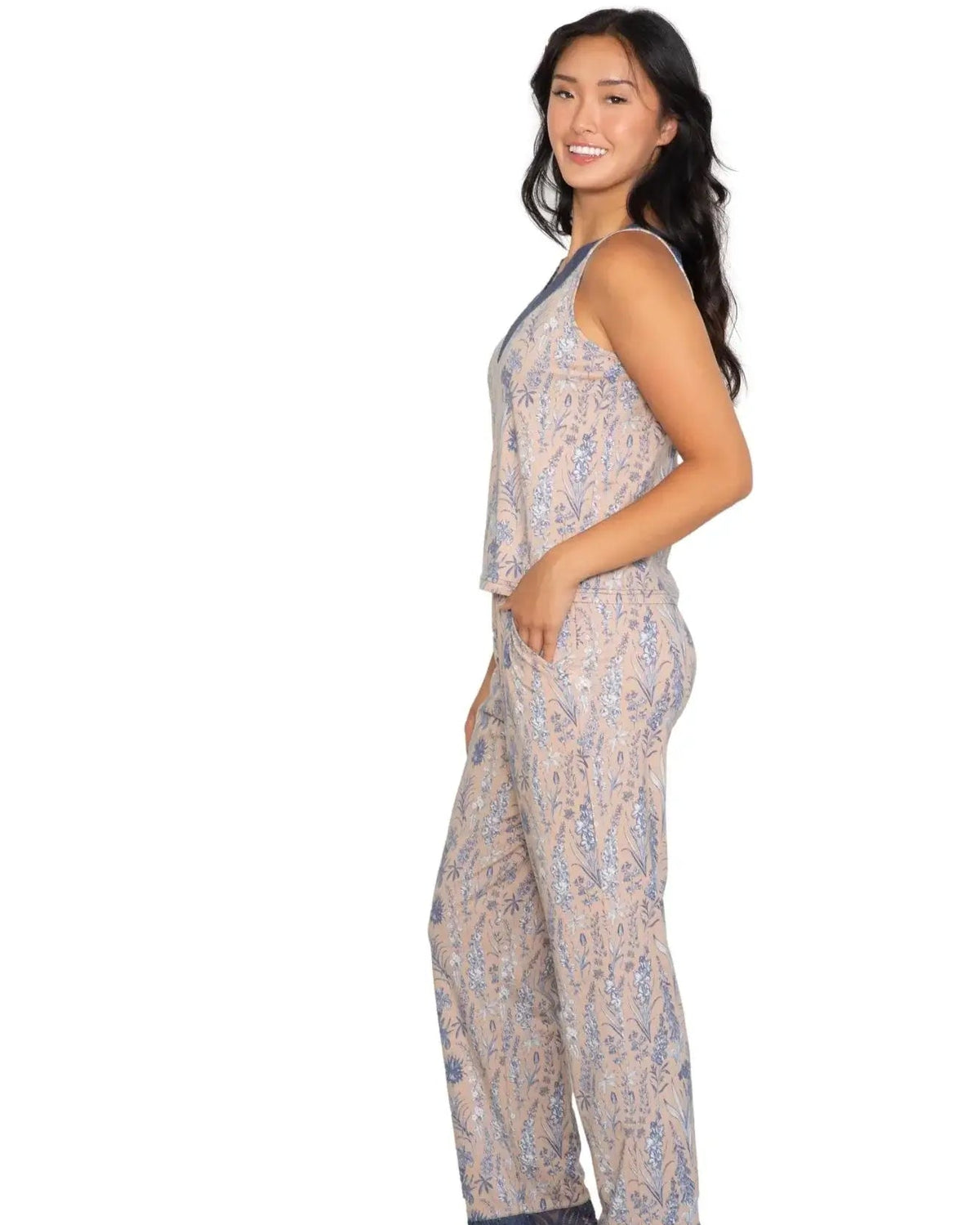Latte Love - Lace Tank & Pant Set | Multiple Prints showcasing a woman in a stylish sleepwear set with floral patterns.
