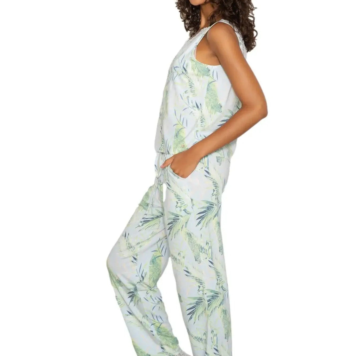 Latte Love - Lace Tank & Pant Set | Multiple Prints in a stylish tropical print worn by a model.