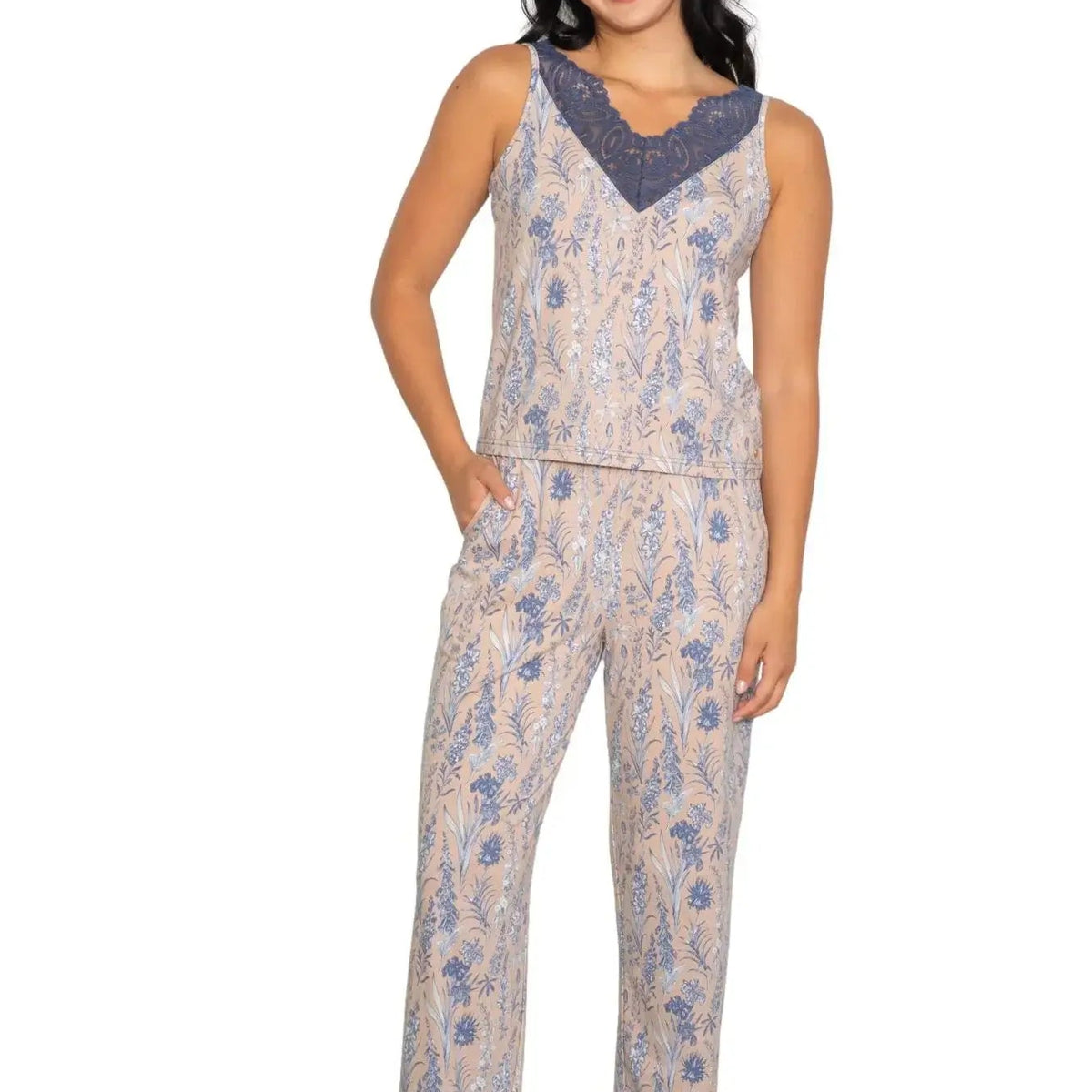 Latte Love - Lace Tank & Pant Set | Multiple Prints featuring a model in floral pajama set.