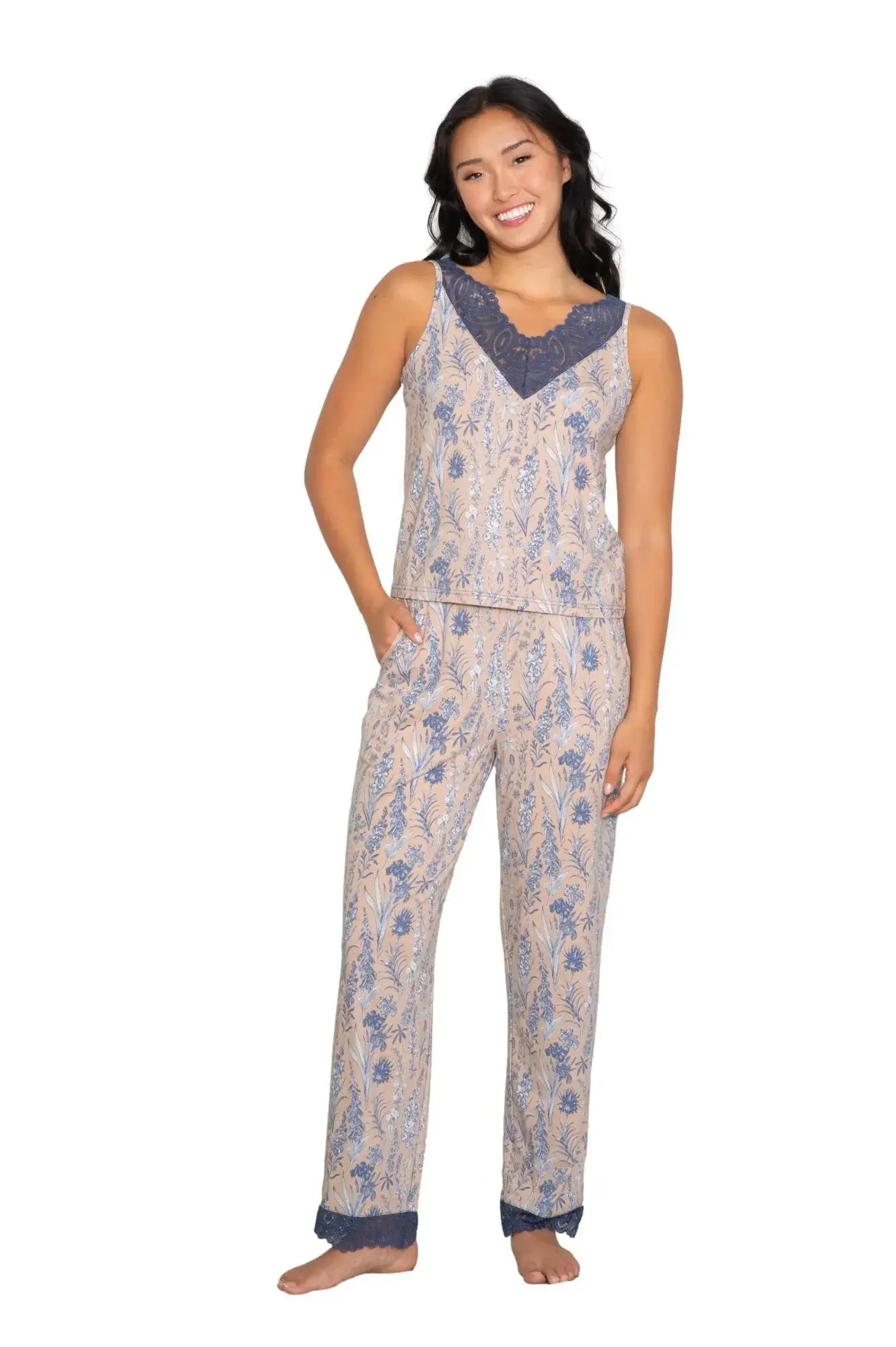 Latte Love - Lace Tank & Pant Set | Multiple Prints featuring a model in floral pajama set.