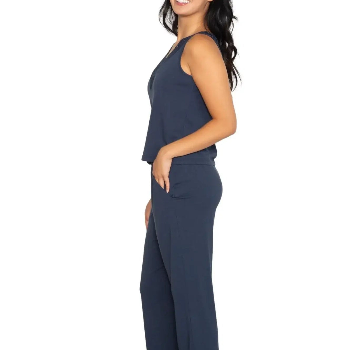 Latte Love - Lace Tank & Pant Set | Multiple Prints model wearing stylish navy set side view.