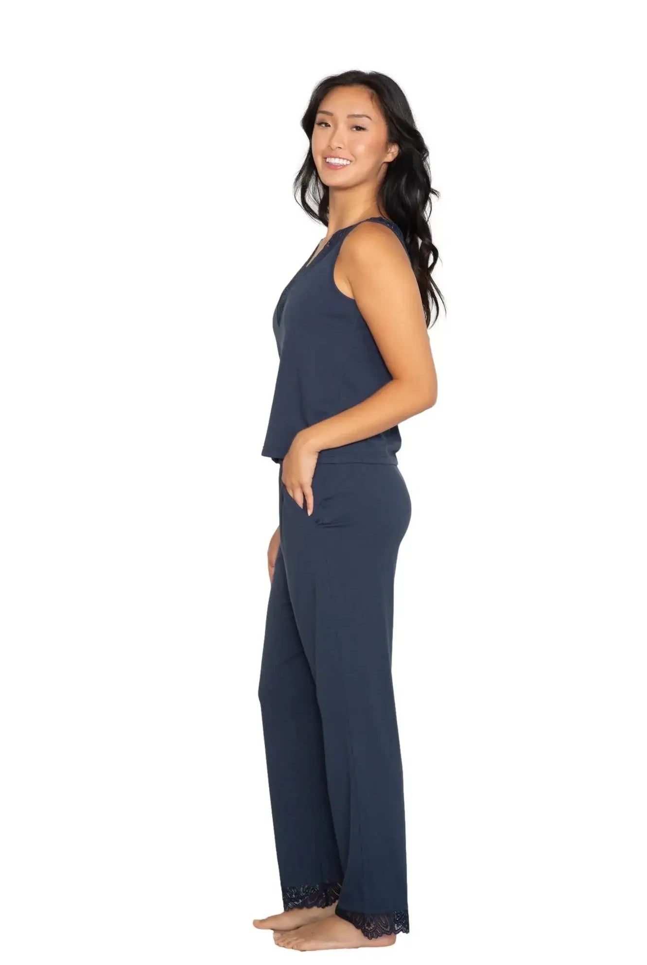Latte Love - Lace Tank & Pant Set | Multiple Prints model wearing stylish navy set side view.